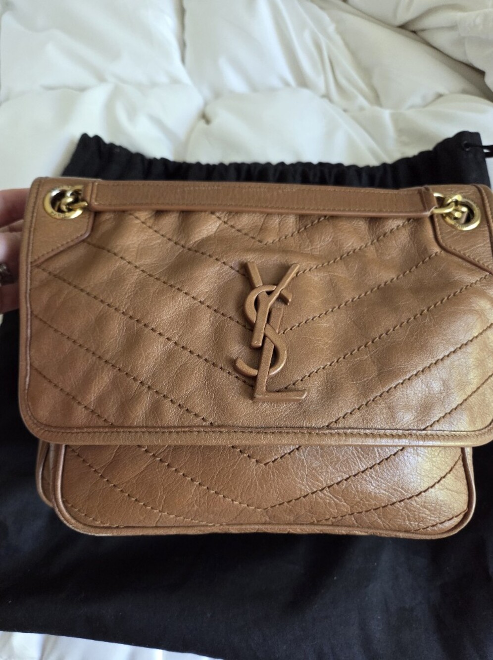 Authentic Saint Laurent (YSL) Medium Niki Chain Satchel – Caramel / Light Brown